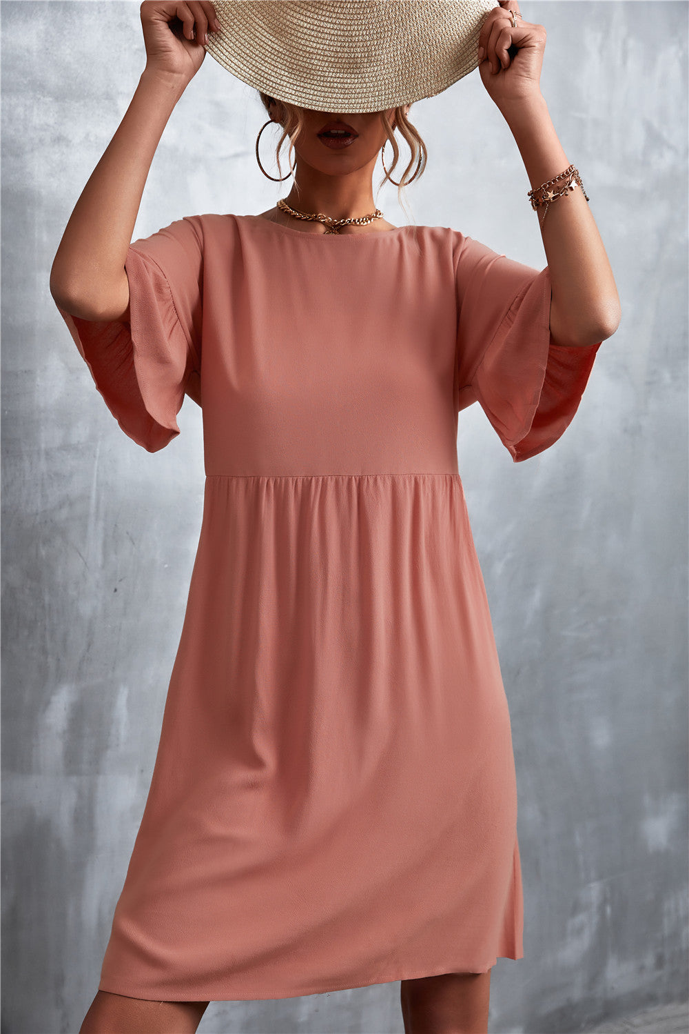 Damen Freizeitkleid mit weit ausgestellten Ärmeln und elastischem Taillenbund EB