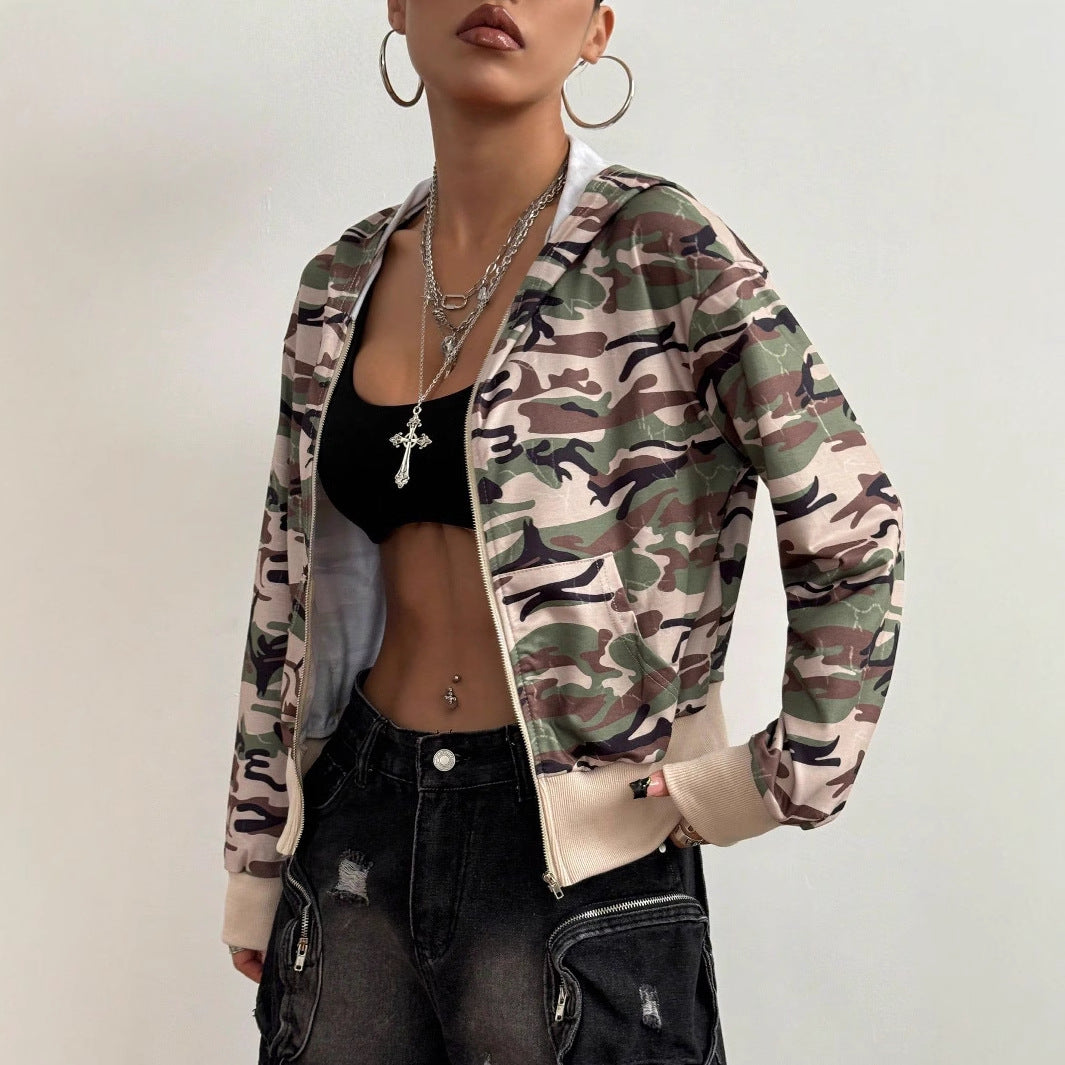 Damen Cargojacke im trendigen Camouflage-Design mit Kapuze und elastischem Bund EB