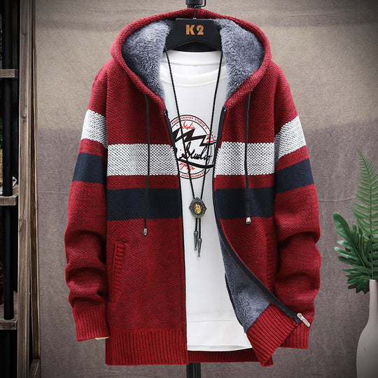 Herren modische Strickjacke mit Kapuze und gestreiftem Design EB