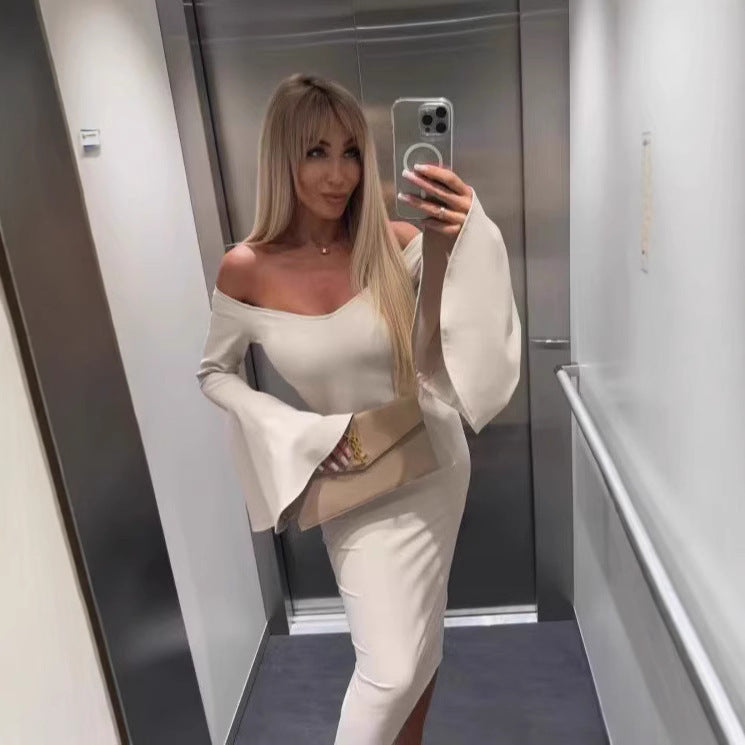 Damen Elegantes Langarmkleid mit weiten Ärmeln und Schlitz EB