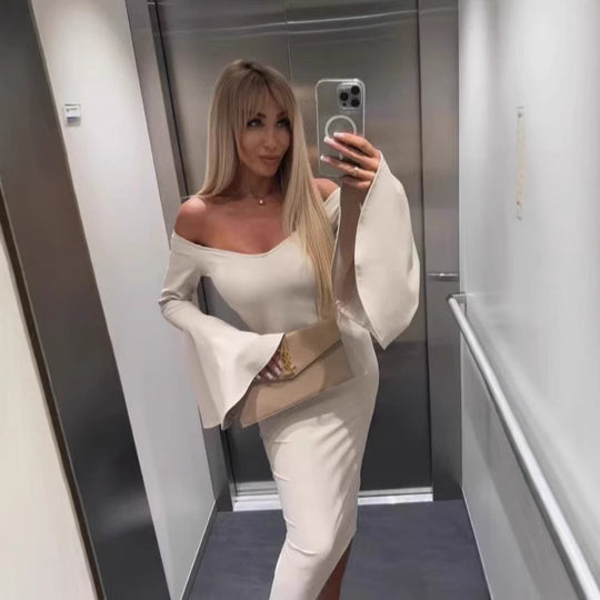 Damen Elegantes Langarmkleid mit weiten Ärmeln und Schlitz EB