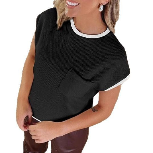 Damen stylisches Kurzarmshirt mit Brusttasche und kontrastierenden Details EB