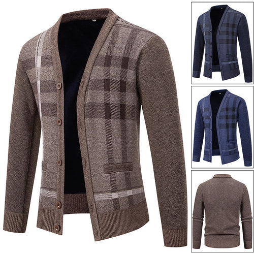 Herren stilvolle Strickjacke mit modernem Karomuster und praktischen Taschen EB