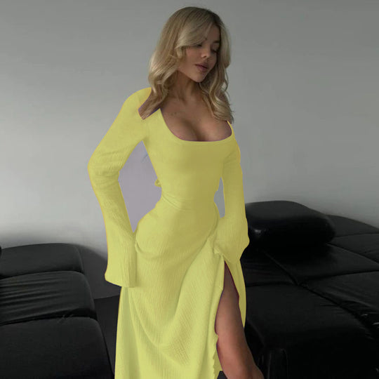 Damen elegantes Maxikleid mit tiefem V-Ausschnitt und schwingendem Rock EB