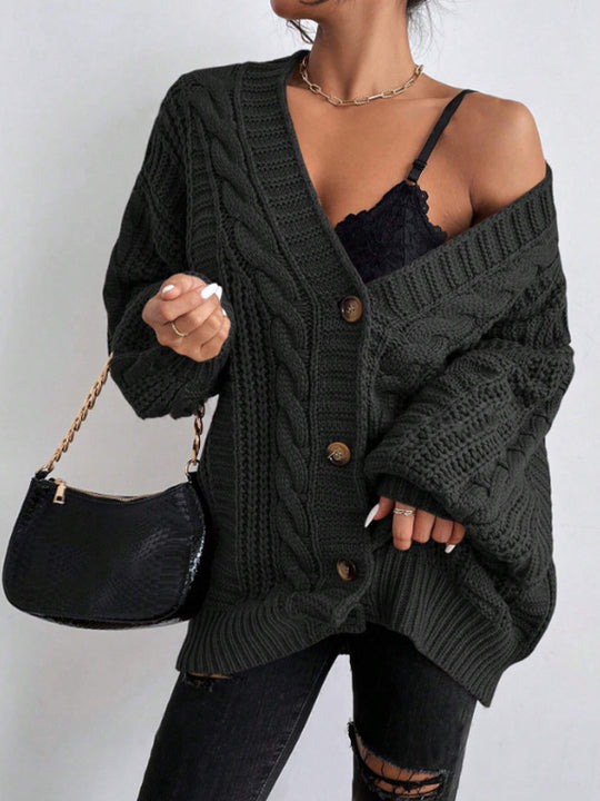 Damen Grobstrick Cardigan mit weiten Ärmeln und Knopfdetails EB