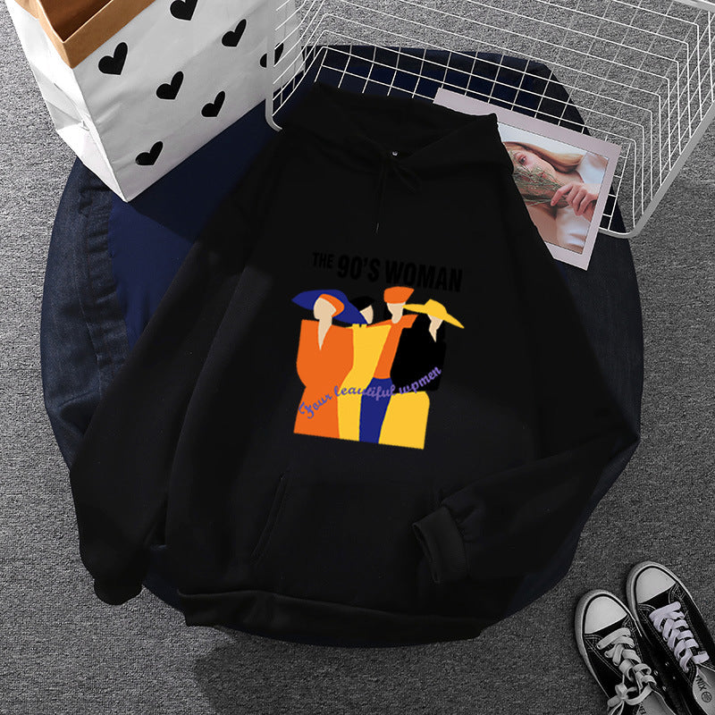 Damen nan weit geschnittener Kapuzenpullover mit Neunzigerjahre-Illustrationsprint, angerautem Fleece und Kängurutasche EB