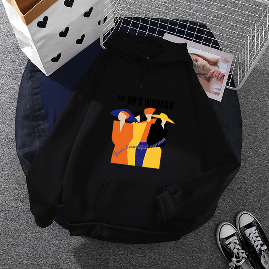 Damen nan weit geschnittener Kapuzenpullover mit Neunzigerjahre-Illustrationsprint, angerautem Fleece und Kängurutasche EB