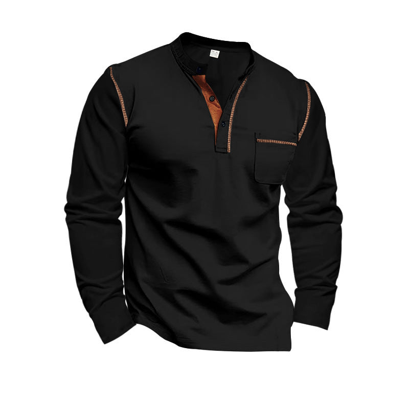 Herren nan Langarmshirt mit Mandarin-Kragen Brusttasche und Kontrastziernähten EB