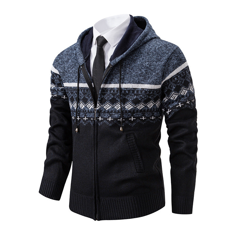 Herren stilvolle Strickjacke mit Kapuze und Norweger-Muster EB