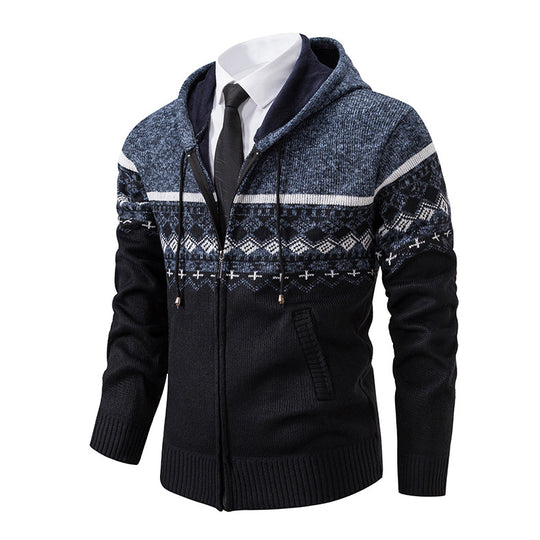 Herren stilvolle Strickjacke mit Kapuze und Norweger-Muster EB