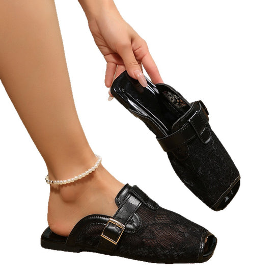 Damen bequeme Pantoletten mit floralem Spitzenmuster und verstellbarem Riemen EB