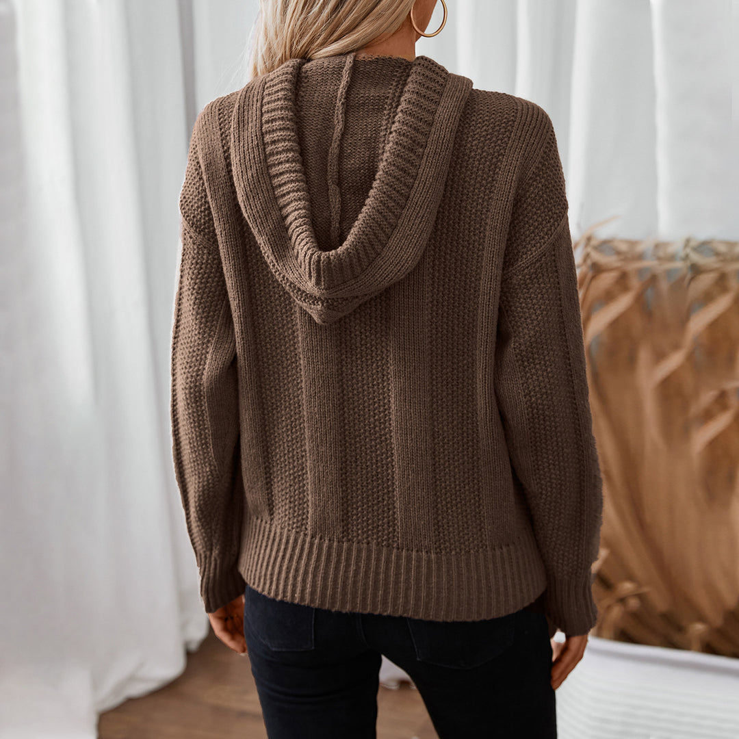 Damen lässiger Strickpullover mit Kapuze und Knopfdetails EB