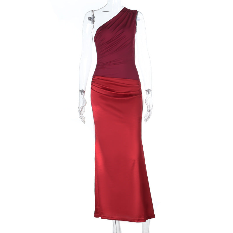 Damen elegantes Maxikleid mit asymmetrischem Oberteil und fließendem Saum EB