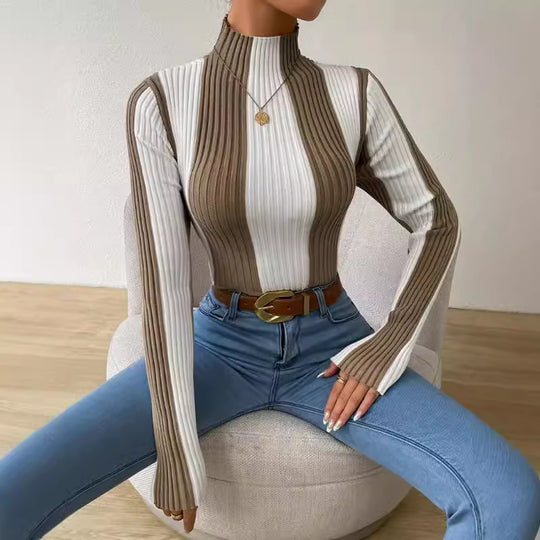 Damen Langarmshirt mit strukturiertem Rippmuster und hohem Kragen EB