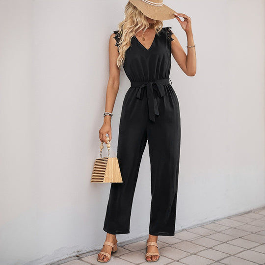Damen Eleganter Jumpsuit mit Spitzenarm-Akzenten und Taillengürtel EB
