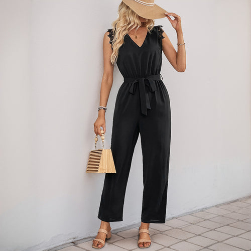 Damen Eleganter Jumpsuit mit Spitzenarm-Akzenten und Taillengürtel EB