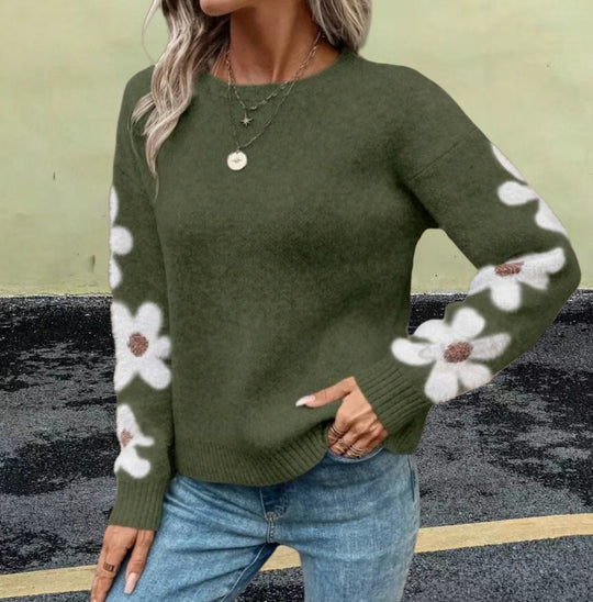 Damen Strickpullover mit floralem Muster und Rundhalsausschnitt EB