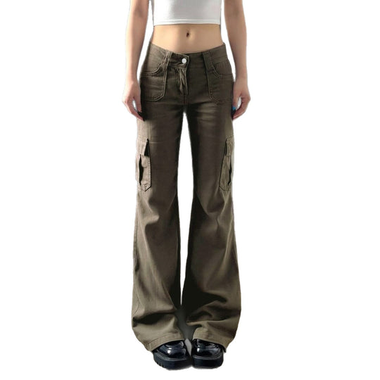 Damen nan Cargo-Flared-Hose mit hochgeschnittener Taille, aufgesetzten Beintaschen und ausgestelltem Bein EB