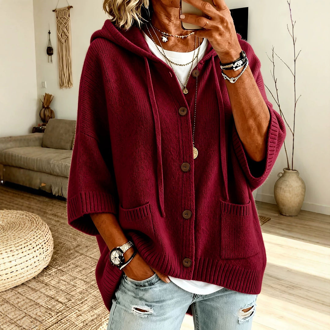 Damen Oversize Kapuzen-Cardigan mit Holzknöpfen und kastiger Silhouette EB