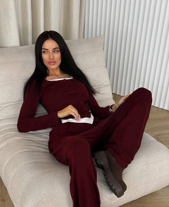 Damen Loungewear-Set aus weichem Modal mit Henley-Knopfleiste und weitem High‑Waist Loungehose EB