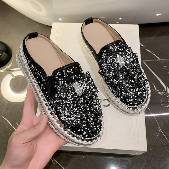 Damen Glamouröse Slipper mit funkelndem Glitzer und dekorativem Schleifen-Detail EB