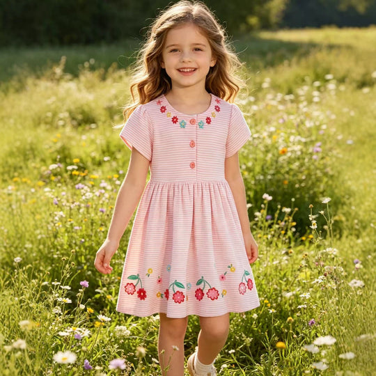 Damen niedliches, gestreiftes Sommerkleid mit Blumenstickerei EB