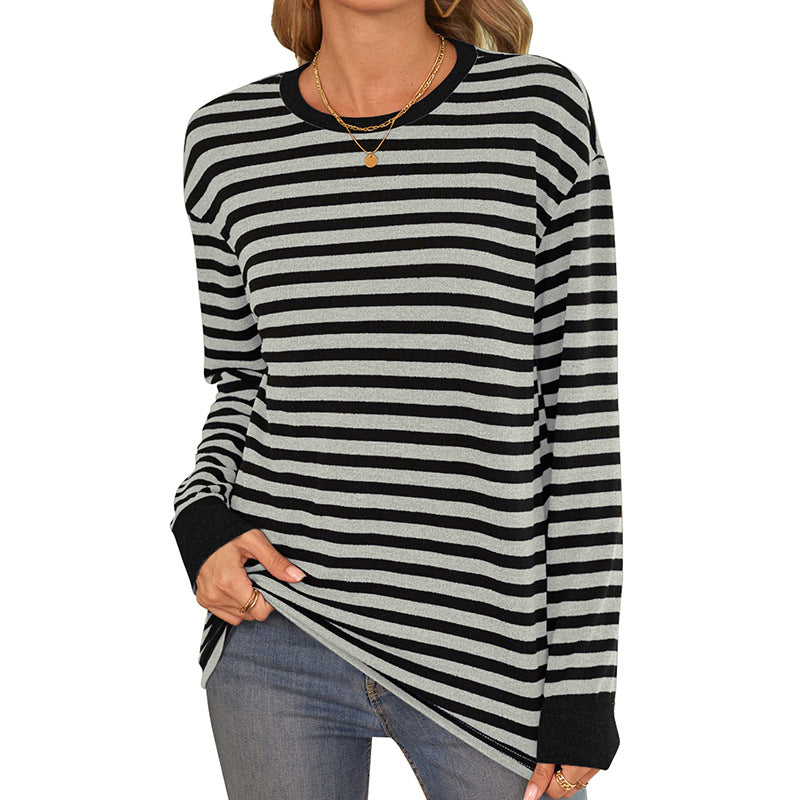 Damen bequemes Langarmshirt mit gestreiftem Design und Rundhalsausschnitt EB