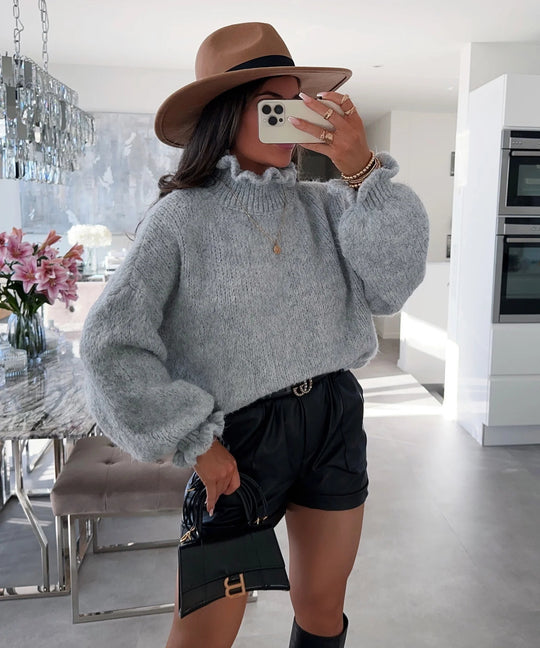 Damen kuscheliger Rollkragenpullover mit weiten Ärmeln und strukturellem Design EB