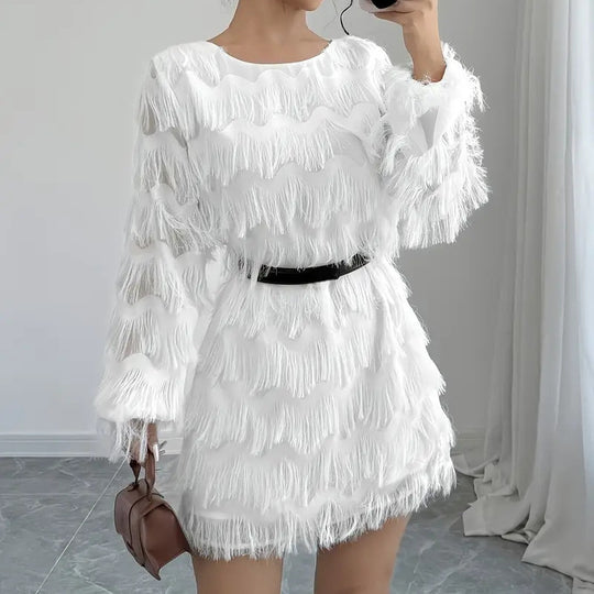 Damen Kleid mit Wellenmuster und voluminösen Fransen EB