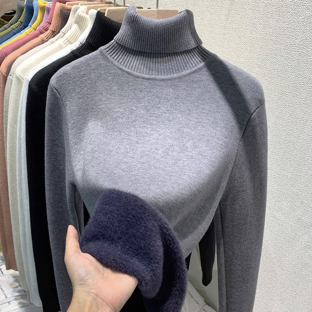 Damen Feinstrick-Rollkragenpullover mit wärmendem Innenfutter und schmaler Silhouette EB