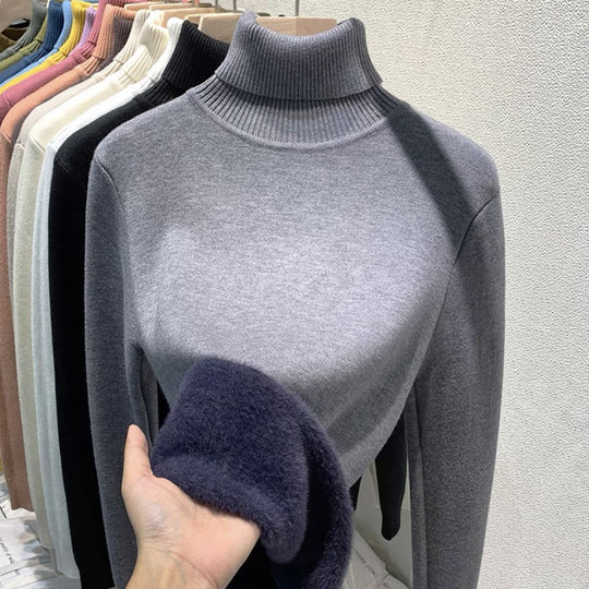 Damen Feinstrick-Rollkragenpullover mit wärmendem Innenfutter und schmaler Silhouette EB