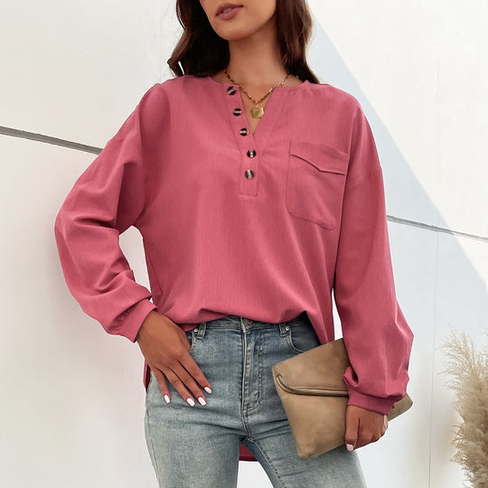 Damen Langärmliges Blusenshirt mit Knopfleiste und Brusttasche EB