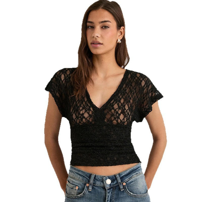 Damen Elegantes Spitzenoberteil mit V-Ausschnitt und weitem Schnitt EB