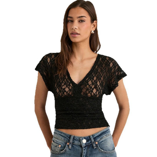 Damen Elegantes Spitzenoberteil mit V-Ausschnitt und weitem Schnitt EB