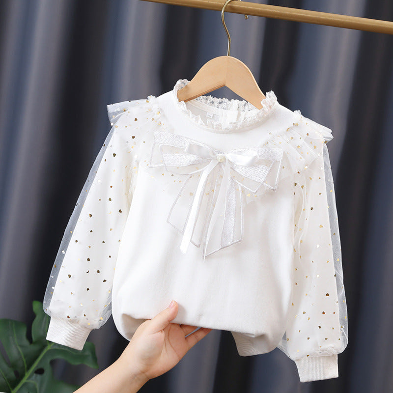 Mädchen modisches Sweatshirt mit dekorativen Tüllärmeln und Schleifendetails EB