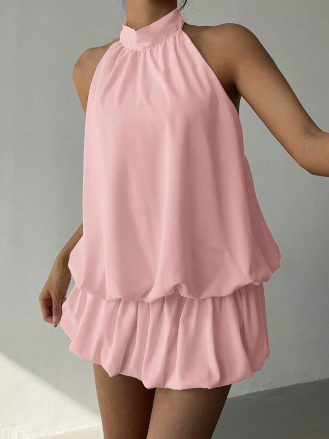 Damen sommerliches Minikleid mit haltem Kragen und asymmetrischem Design EB