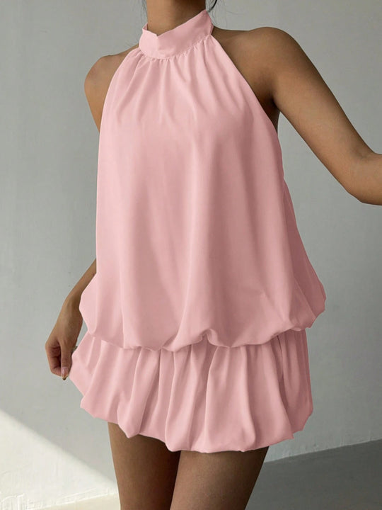 Damen sommerliches Minikleid mit haltem Kragen und asymmetrischem Design EB