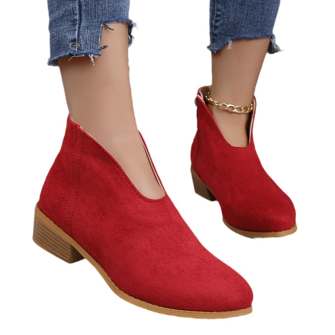 Damen nan V‑Ausschnitt Ankleboots aus Veloursoptik mit seitlichem Reißverschluss und niedriger Holzblocksohle EB