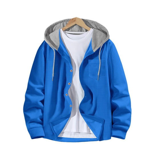 Herren nan leichtes Utility-Hoodie-Überhemd mit Kontrastkapuze, Knopfleiste und Brusttasche EB