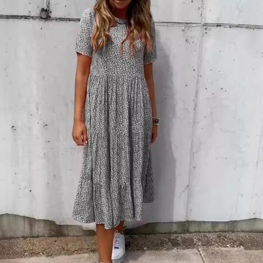 Damen nan geblümtes gekrepptes Midikleid mit geraffter Empire-Taille, kurzen Ärmeln und stufigem Volantrock EB