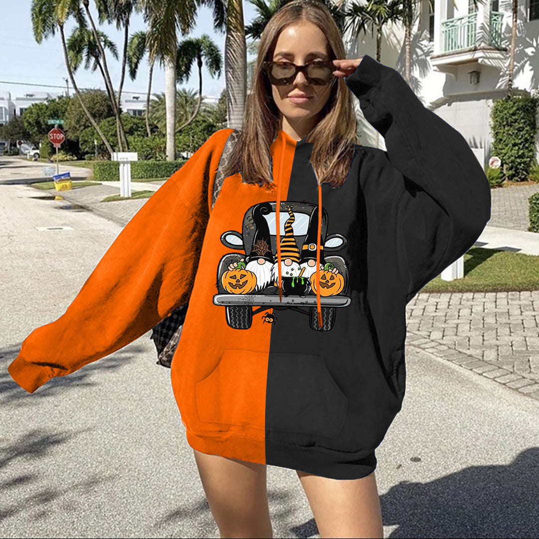 Damen nan Oversize Kapuzenpullover mit geteilter Block‑Optik und Halloween‑Wichtelprint EB