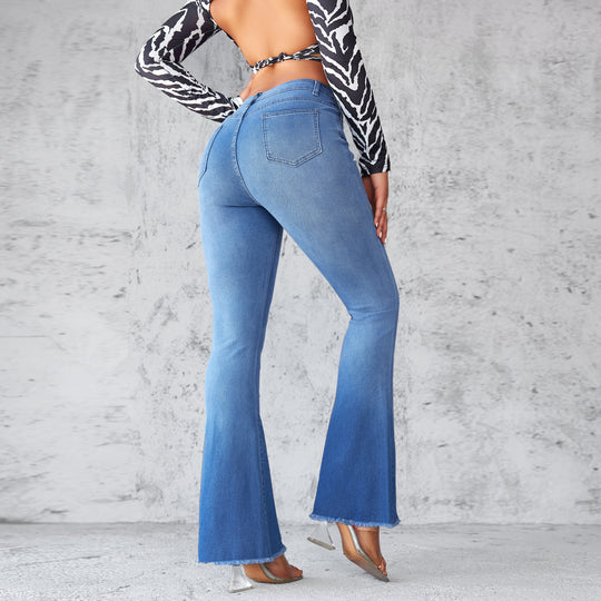 Damen Flared Jeans mit hohen Bund und ausgefranstem Saum EB