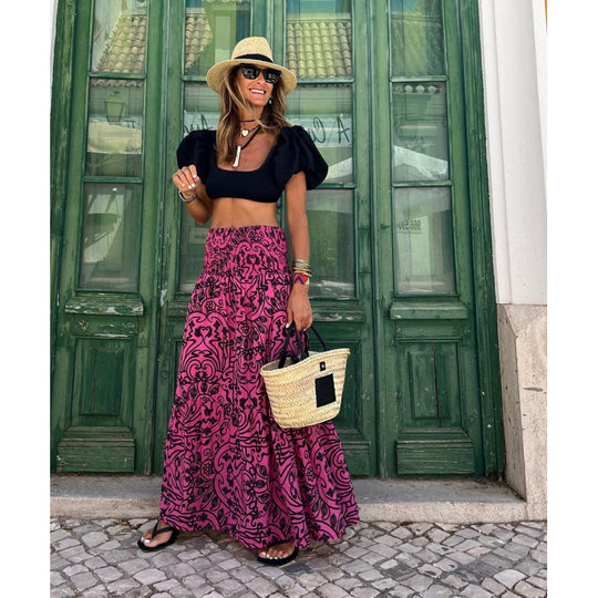 Damen Maxi-Rock mit kunstvollem floralen Muster und elastischem Taillenband EB