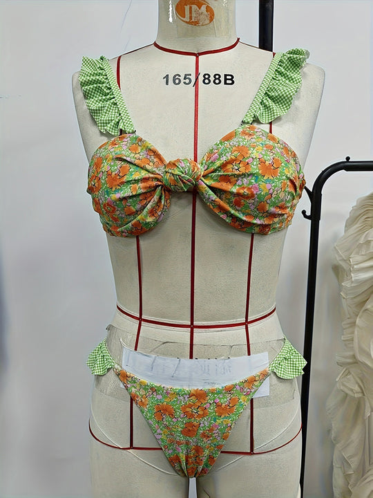Damen Bikini mit fröhlichem Blumendruck und verspielten Rüschen EB
