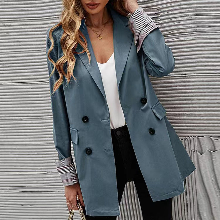 Damen Eleganter Doppelreiher Blazer mit kariertem Detail EB