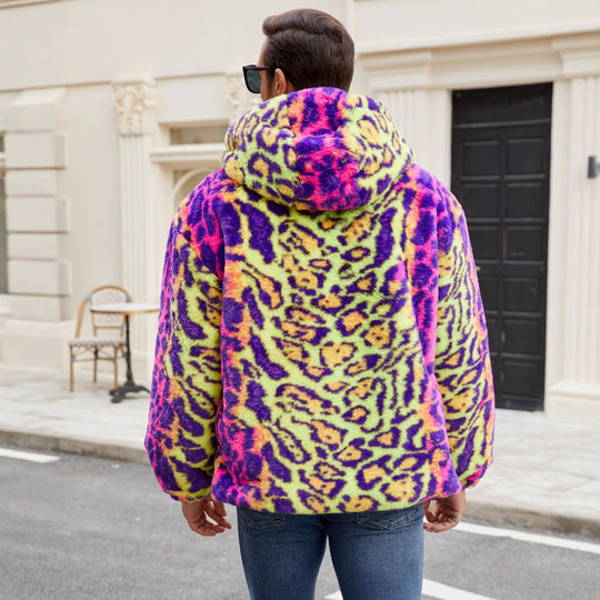 Herren Plüschjacke mit auffälligem Tierprint und Kapuze EB