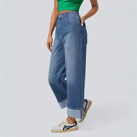 Damen nan hochgeschnittene weite Knöchellänge-Jeans mit breitem Umschlag und Fünf-Taschen-Schnitt EB