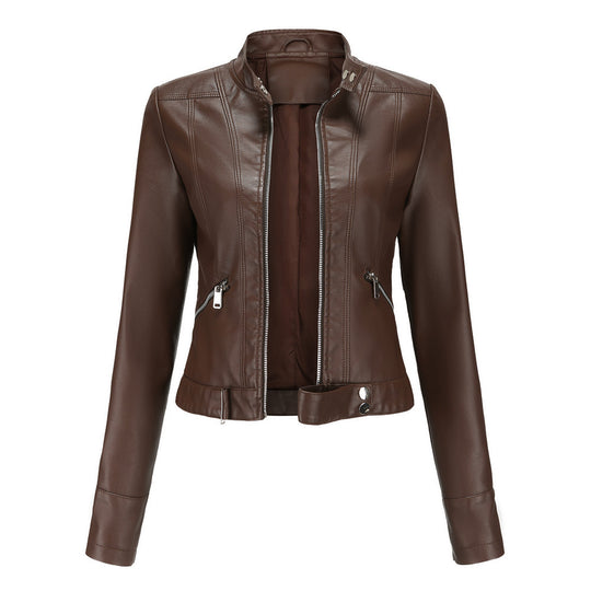 Damen nan kurze taillierte Kunstlederjacke im Racer-Stil mit Stehkragen und Reißverschlusstaschen EB