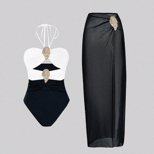 Damen Luxuriöser Badeanzug mit elegantem Überrock EB