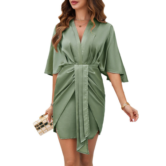 Damen Kurz-Kimono Kleid mit tiefem V-Ausschnitt und Wickeldetail EB